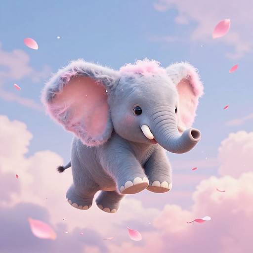 Cute digital illustration of a fluffy, pink-eared baby elephant floating in a bright blue sky with pink cherry blossoms.