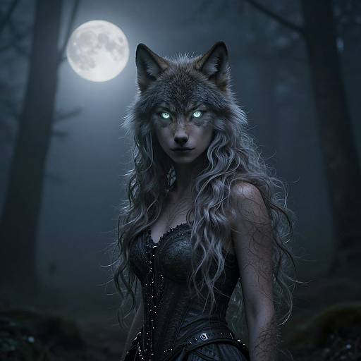 Digital art of a glowing-eyed, wolf-woman with long, wavy silver hair in a dark forest under a full moon, wearing a black,