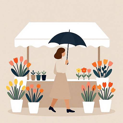 Digital illustration: Woman in beige dress and black shoes holding black umbrella, walking past flower stand with orange and yellow tulips.