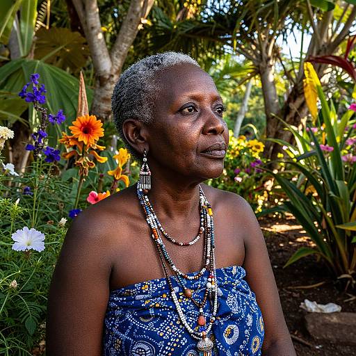 Photograph of an elderly African woman with short gray hair, wearing a blue patterned strapless top and multiple beaded necklaces, sitting in a