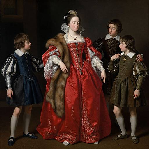 Photograph of a 17th-century noblewoman in a red velvet gown with fur trim, surrounded by three young boys in Renaissance clothing.