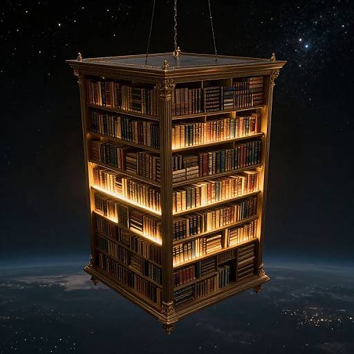 Photorealistic CGI of a glowing, illuminated, floating wooden bookshelf filled with books, suspended in a starry, dark space backdrop.