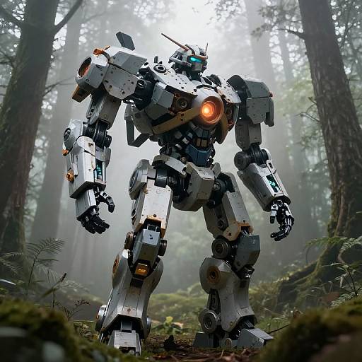 Photorealistic CGI of a white, futuristic robot with glowing orange and blue lights, standing in a misty, dense forest.