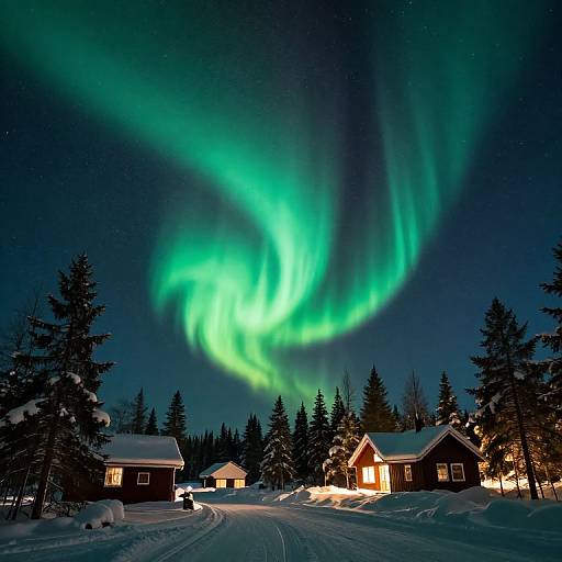 Photograph of a snowy night landscape with vivid green Northern Lights above a row of lit, wooden houses surrounded by snow-covered trees.