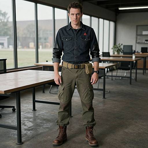 Photograph of a serious-looking man with short brown hair, wearing a black denim shirt, olive cargo pants, brown boots, and a belt with a