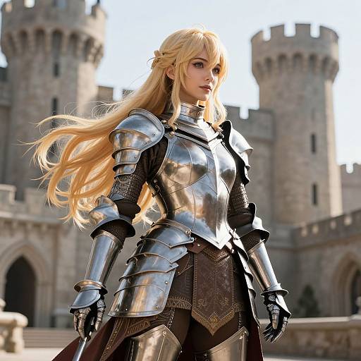 CGI image of a blonde, fair-skinned woman in silver medieval armor with long hair, standing before a castle with tall towers.