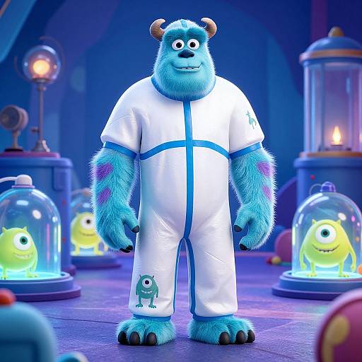 Photograph of blue, furry monster wearing white and blue outfit with small green creature on chest, surrounded by glowing yellow-eyed creatures in glass domes.