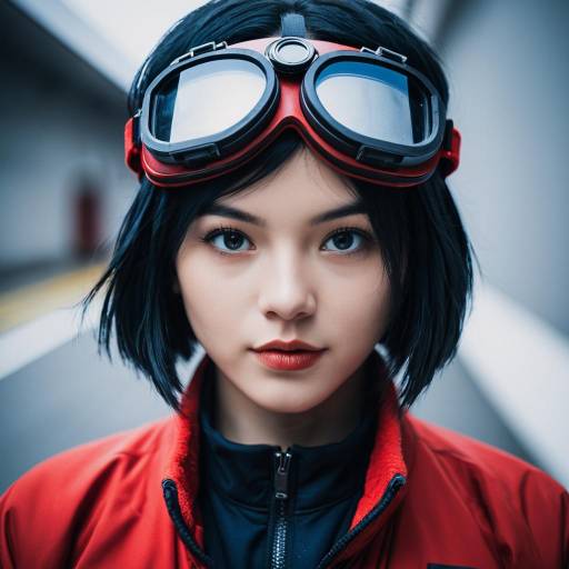 Young Woman in Red Akatsuki Costume with Goggles