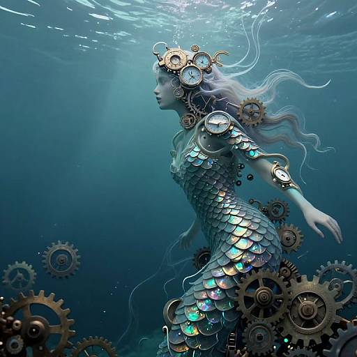 Digital art of a mermaid with silver scales, wearing gears on her head and tail, swimming underwater, surrounded by floating gears.