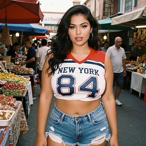 Photograph of a curvy woman with long black hair, wearing a sleeveless New York 84 crop top and distressed denim shorts, standing in a