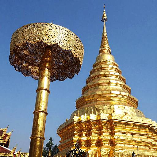 Photograph of a golden, intricately detailed umbrella beside a towering, gilded Buddhist stupa under a clear blue sky.