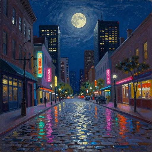 Moonlit Urban Night Oil Painting
