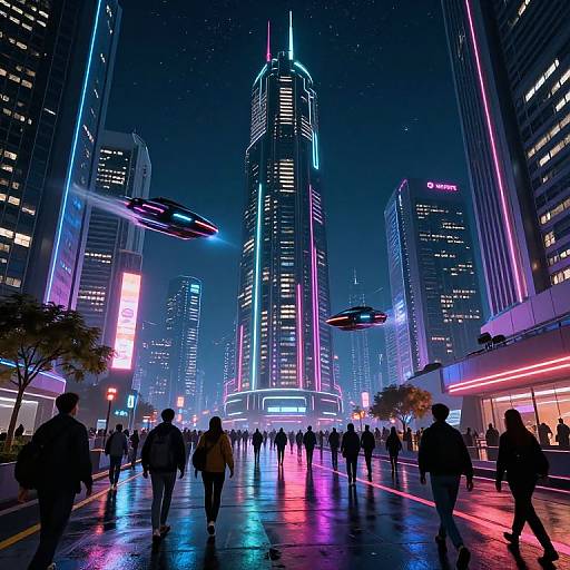 Neon-lit, futuristic cityscape at night with glowing skyscrapers, flying taxis, and pedestrians on a reflective street. Digital art style.