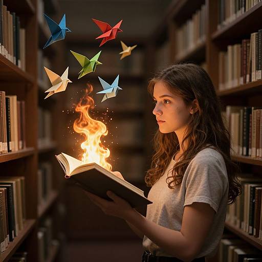 Photograph of a young woman with long brown hair, wearing a gray t-shirt, reading a book with a fiery flame and colorful paper cranes floating