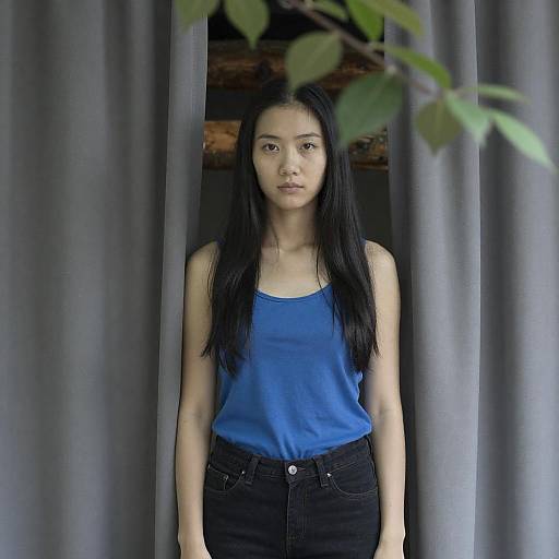 Young Woman Behind Gray Curtains