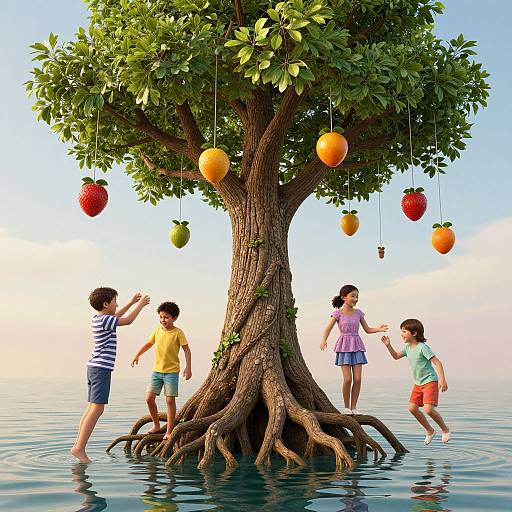 Photograph of five children playing under a magical tree with hanging strawberries, apples, and pears over a calm, reflective water surface.