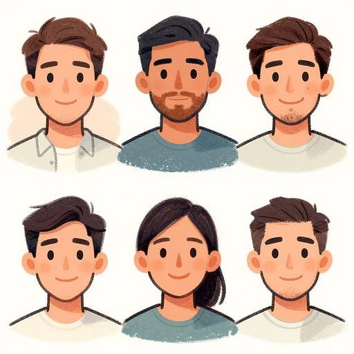 Digital illustration of six cartoon-style male and female faces with varied hair colors and styles, simple expressions, and casual clothing.