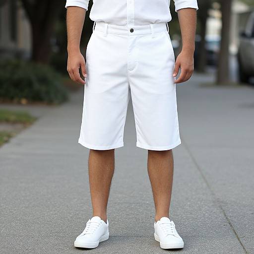Photograph of a person's lower body in white shorts, white shirt, and white sneakers, standing on a concrete sidewalk.