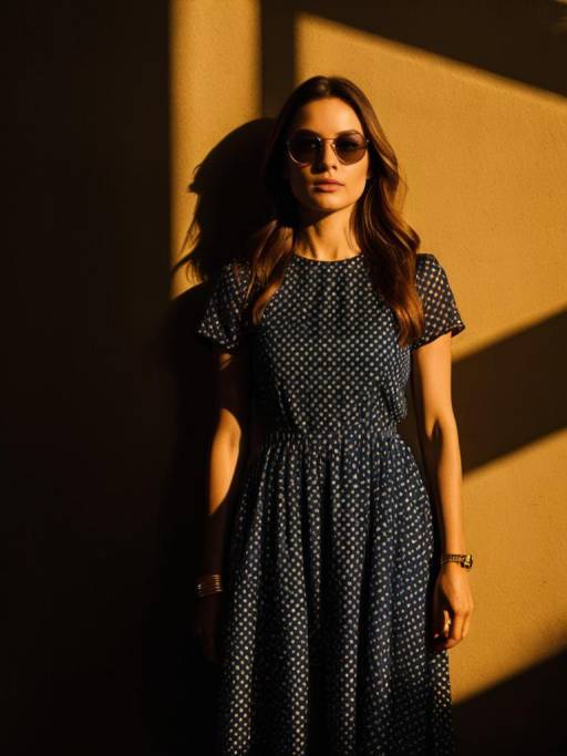 Woman in Navy Mesh Overlay Dress with Sunglasses