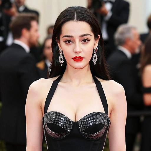 Photograph of a young woman with long black hair, red lipstick, wearing a black halter dress with silver beading, and dangling earrings, standing