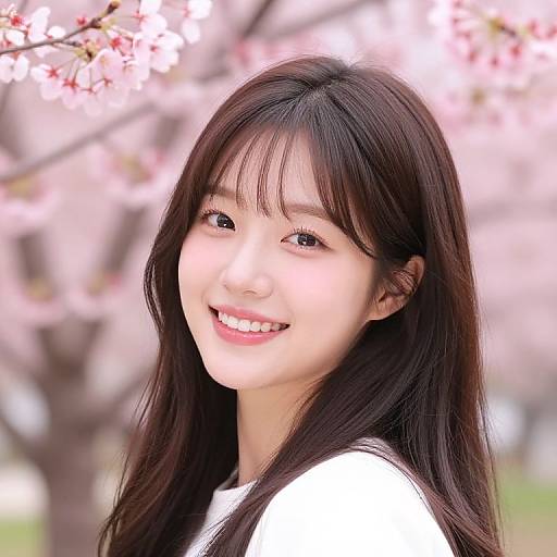 Photograph of a smiling young Asian woman with long black hair, wearing a white top, standing in front of blooming pink cherry blossoms.