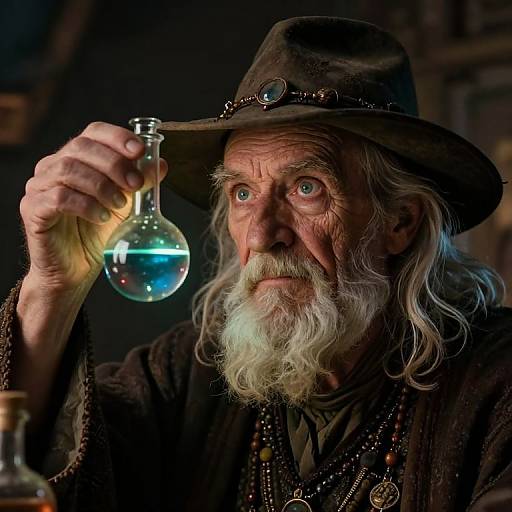 Photograph of an elderly white man with a long white beard and wide blue eyes, wearing a dark brown hat and robe, holding a glass flask with