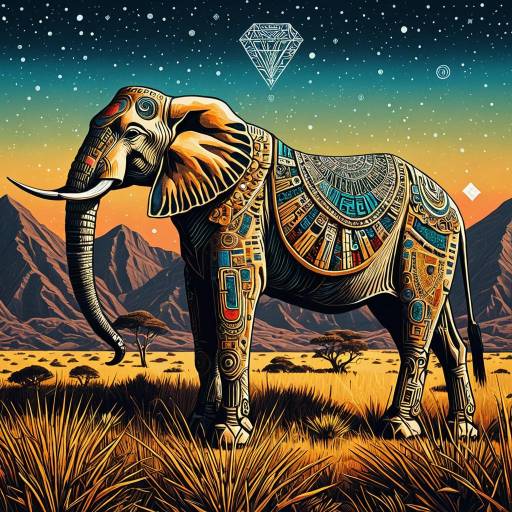 Ornate Elephant with Hieroglyphs on Digital Savanna