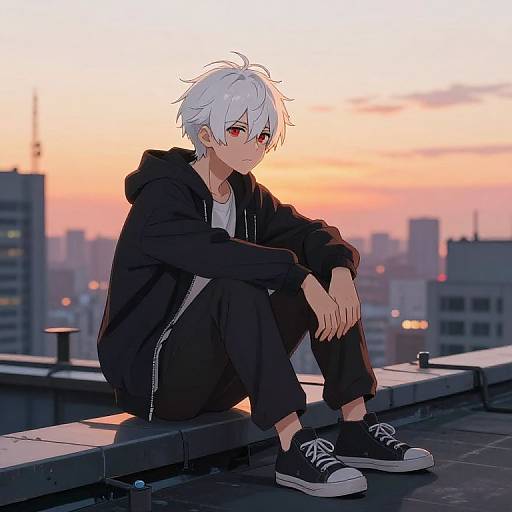 Anime-style digital drawing of a white-haired, red-eyed boy in a black hoodie and pants, sitting on a rooftop at sunset, city skyline in the