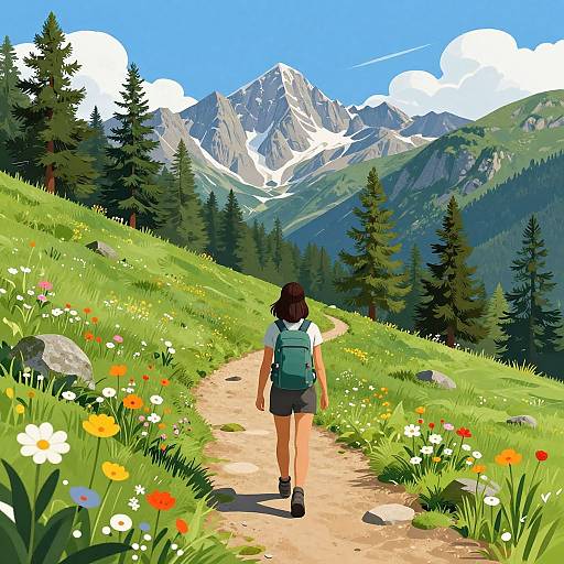 Digital illustration of a woman with dark hair, green backpack, and black shorts, walking a dirt path through a vibrant mountain meadow with wildflowers and