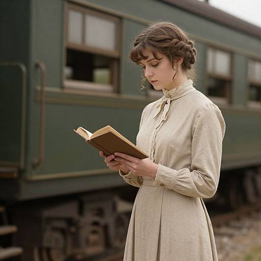 Photograph of a young woman in a cream, Victorian-style dress, reading a book standing beside an old, green train carriage.