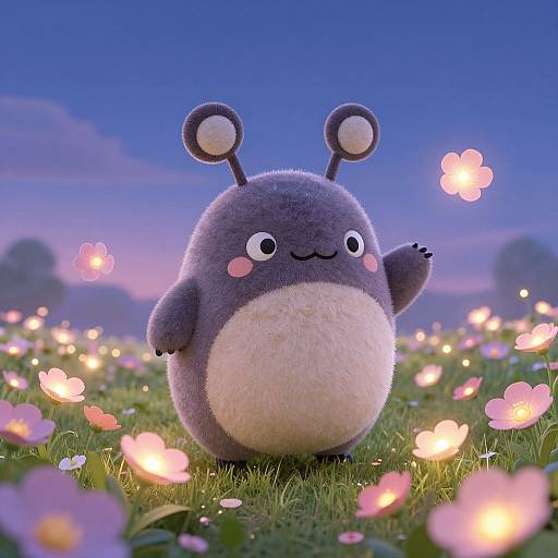 CGI image of a cute, round, purple, fuzzy, cartoon creature with antennae and pink cheeks, standing in a field of glowing flowers at
