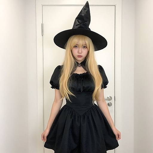 Photograph of a blonde woman in a black witch costume with a pointed hat, puffed sleeves, and a flared skirt, standing in front of