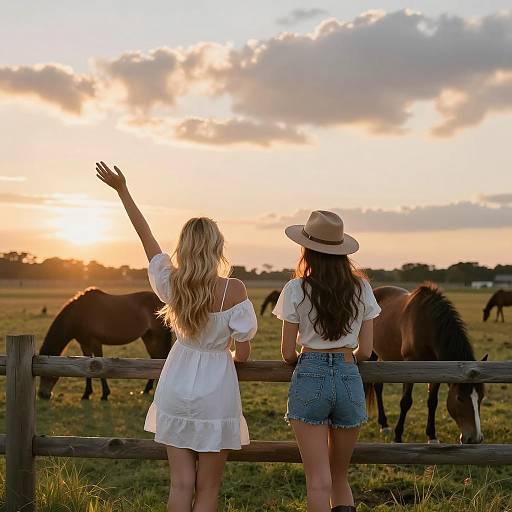 Women at Sunset with Horses in Field