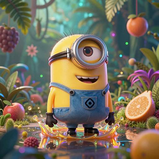 CGI image of Minion from Despicable Me standing in a splash of water, wearing overalls, in a vibrant jungle with colorful fruits and plants
