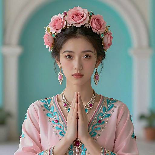 Elegant Young Woman in Floral Headpiece