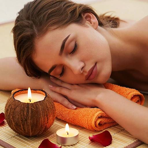 Relaxed woman resting with coconut candle