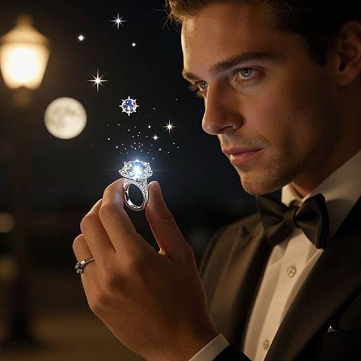 Photograph of a handsome man in a black tuxedo, holding a glowing, magical ring surrounded by sparkling stars, against a dark, softly lit