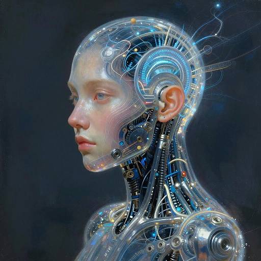 Digital art of a transparent, cybernetic human head with glowing blue and yellow circuitry, set against a black background.