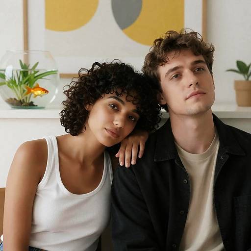 Photograph of a curly-haired woman in a white tank top and a brown-haired man in a black jacket, sitting closely together indoors with modern abstract art