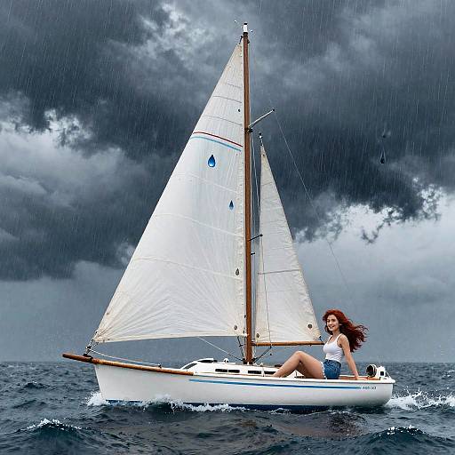 Woman Sailing Small Boat in Stormy Ocean