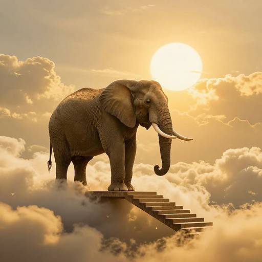 Photorealistic digital image of a majestic elephant standing on a staircase in a golden, sunlit sky filled with fluffy clouds.