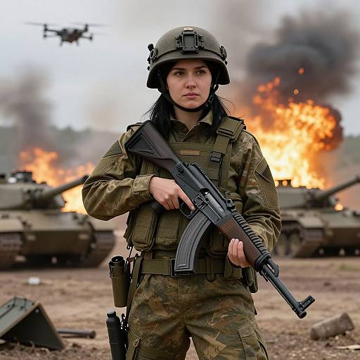 Photograph of a determined female soldier in camouflage uniform and helmet, holding a rifle, standing amid burning tanks and smoke. Helicopter flies in the background