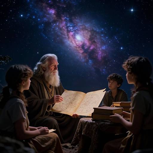 Photograph of an elderly bearded man with a white beard reading an illuminated map under a starry night sky, surrounded by three children with curious expressions