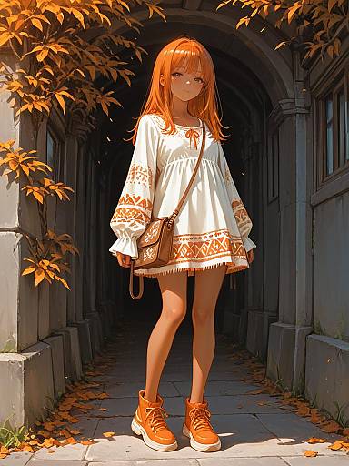 Digital anime-style drawing of a red-haired girl in a white dress with orange patterns, orange sneakers, and a brown bag, standing in a sunlit