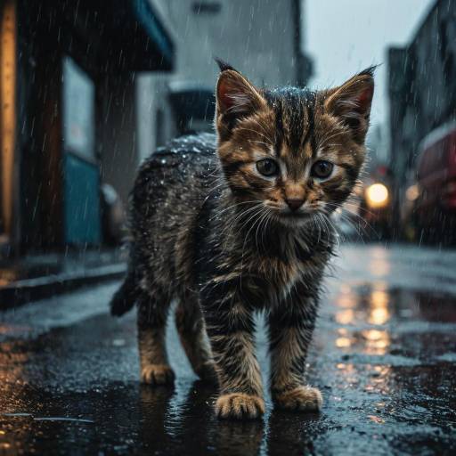 Shivering Kitten in Rainy Street