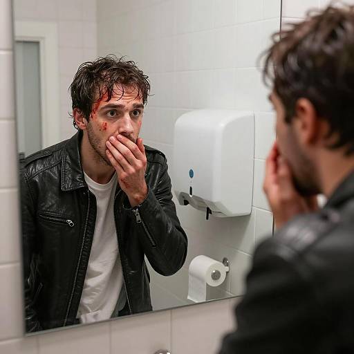 Shocked Man with Blood on Face Looking in Bathroom Mirror
