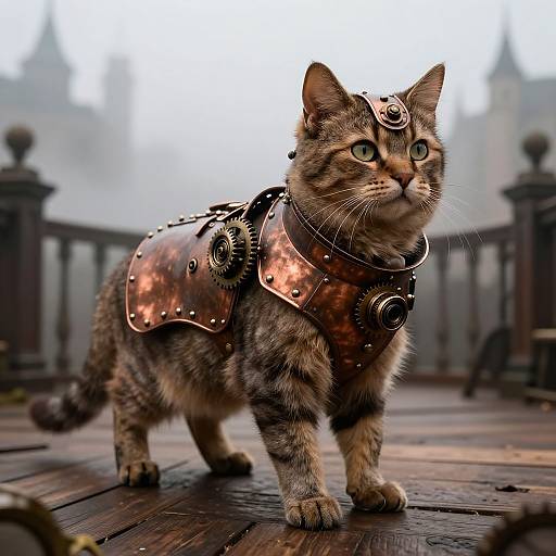 Photograph of a tabby cat wearing medieval-style copper armor with gears and a small crown, standing on a wooden deck with misty, blurred castle