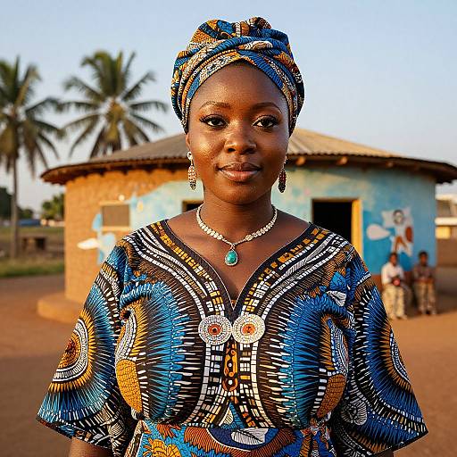Photograph of a smiling African woman with dark skin, wearing a colorful, patterned blue and orange dress and headwrap, adorned with jewelry, standing