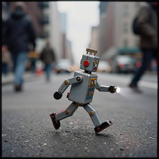 Photorealistic Tin Toy Robot Running on City Street