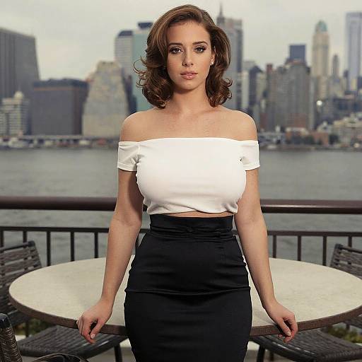 Photograph of a brunette woman with wavy hair, wearing an off-shoulder white top and black skirt, standing on a balcony with city skyline